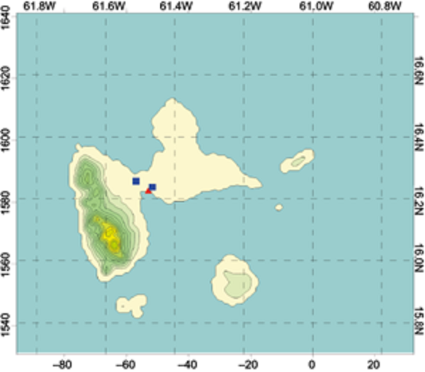 Map of the Guadeloupe archipelago, with the main NOx
								emission source, a diesel power plant (PWP, red triangle), and two
								air quality stations near it (blue squares): AQS1 (Pointe-&agrave;-Pitre,
								1878 m travel distance) and AQS2 (Baie-Mahault, 6135 m travel
								distance).