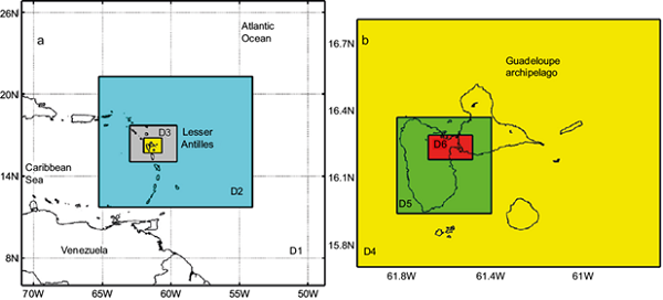 WRF domain grids resolution: D1: 27 km; D2: 9 km; D3: 3 km; D4: 1
								km; D5: 333 m; D6: 111 m (C&eacute;c&eacute; et
									al., 2016). D4, D5, D6 grids results provide the
								meteorological input to FLEXPART and CALPUFF air quality
								simulations.