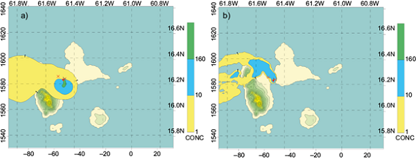 Spatial distribution of NOx (&micro;g m-3) for
								the 1-km horizontal resolution domain (D4) at 05 UTC December 4,
								2007 with source (red triangle) simulated with (a) CALPUFF and (b)
								FLEXPART. Also, the emission source (red triangle), the two air
								quality stations locations (red crosses), and topographic features
								are shown.