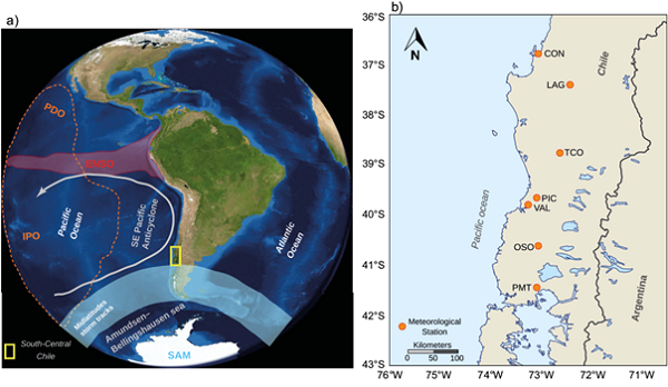 (a) Spatial representation of the main large-scale climate modes that affect precipitation variability over south central Chile (SCC). ENSO refers to El Ni&ntilde;o Southern Oscillation, PDO to Pacific Decadal Oscillation, IPO to Interdecadal Pacific Oscillation, and SAM to Southern Annular Mode or Antarctic Oscillation (AAO). (b) Location of the seven meteorological stations used in this study. All meteorological stations are managed by Direcci&oacute;n Meteorol&oacute;gica de Chile (DMC). More details of each station are summarized in Table I.
