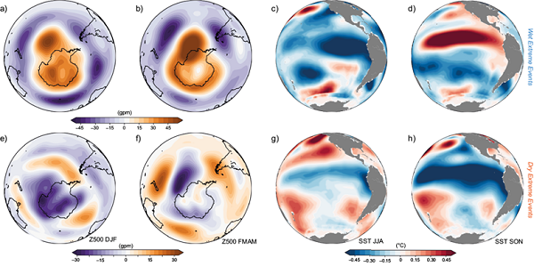 Composite maps of Z500 and SST anomalies showing the mean conditions for (upper row) the wettest (> P80) and (lower row) the driest (< P10) SSE years, defined with respect to the 1981-2010 period. (a, b) Z500 composites for the wettest summers (1949, 1953, 1955, 1956, 1961, 1965, 1967, 1971, 1980, 1981, 1982, 1992 and 2000) and autumns (February to May; 1949, 1950, 1956, 1959, 1980, 1993, and 2002), respectively. (c, d) SST composites for the wettest winters (1950, 1951, 1953, 1954, 1961, 1963, 1965, 1969, 2000, and 2006) and springs (1950, 1963, 1965, 1972, 1977, 1978, 1986, 1997, 2002, and 2003), respectively. (e, f) Analog to (a) and (b), respectively, but for the opposite conditions: the driest summers (1957, 1962, 1979, 1987, 1998, 2008, 2015, 2016, and 2019), and driest autumns (1976, 1978, 1989, 1998, 2000, 2003, 2010, 2012, 2015, and 2019). (g, h) SST composite of anomalies for the driest winters (1968, 1981, 1985, 1990, 1996, 1998, 2013, 2016, and 2018) and the driest summers (1949, 1955, 1981, 1988, 1989, 1998, 2008, 2012, and 2019), respectively.