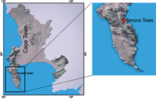 Cape Town and the AERONET site (red dot) in Simon&rsquo;s Town.