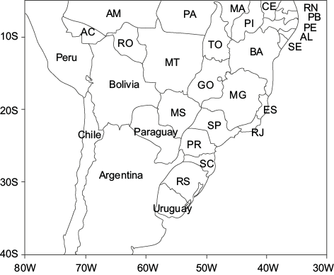 Map of South America with Brazil&rsquo;s states abbreviations. RS: Rio Grande do Sul, SC: Santa Catarina, PR: Paran�, SP: S�o Paulo, RJ: Rio de Janeiro, ES: Esp�rito Santo, MG: Minas Gerais, MS: Mato Grosso do Sul, MT: Mato Grosso, GO: Goi�s, BA: Bahia, SE: Sergipe, AL: Alagoas, PE: Pernambuco, PB: Para�ba, RN: Rio Grande do Norte, CE: Cear�, PI: Piau�, MA: Maranh�o, TO: Tocantins, PA: Par�, AM: Amazonas, AC: Acre, RO: Rond�nia.