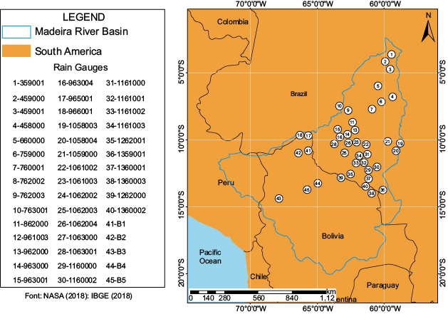 Location of the study area: Madeira river basin and corresponding available rain gauges (pluviometric stations) used in the analysis (2001-2015).