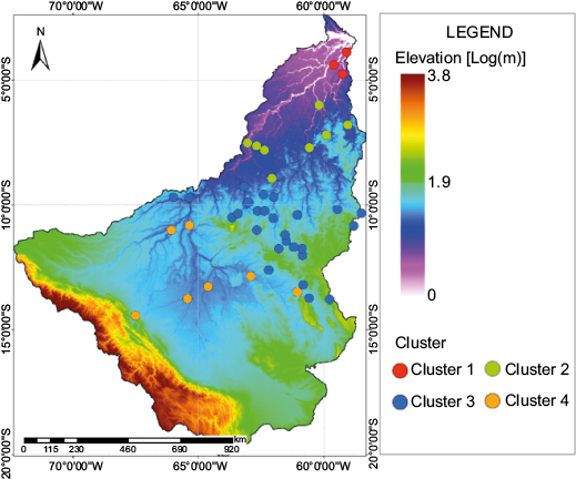 Special distribution of pluviometric stations and elevation (m) distributed mapping.