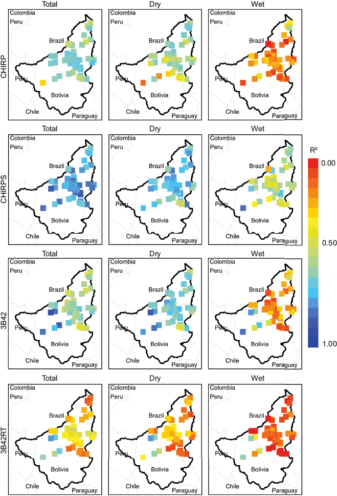 Efficiency analysis: coefficient of determination (r2) for the annual total rainfall values and also for the dry (April-October) and wet (November-March) periods.