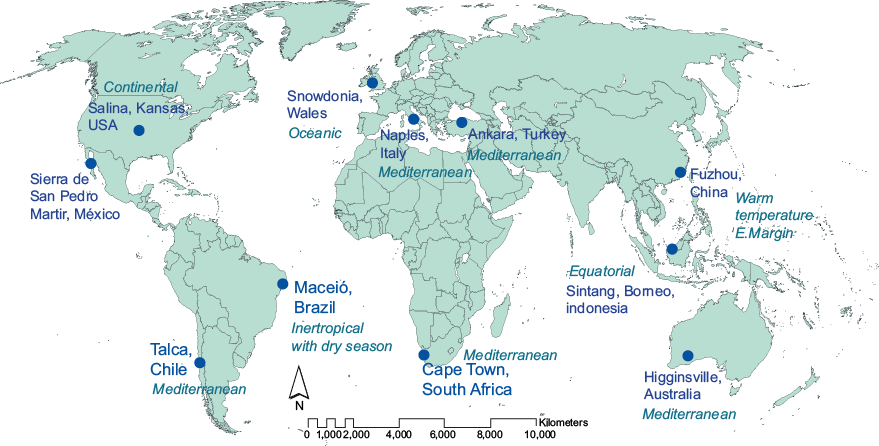 Location of the cells selected for the study and their climate type.