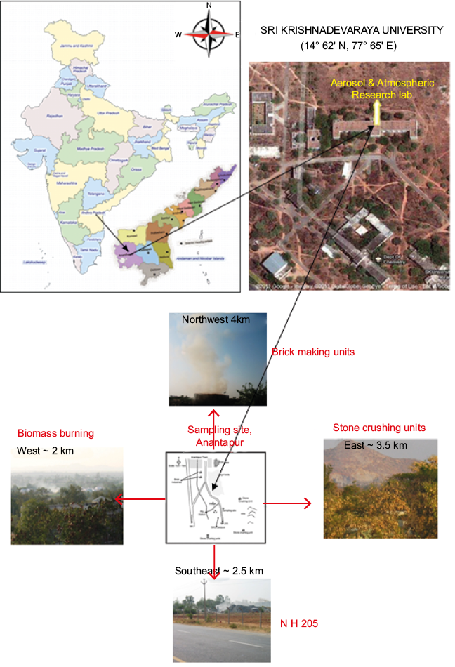 Location of the Sri Krishnadevaraya University campus area in Anantapur. The monitoring site-building in the SK University campus is indicated with an arrowhead in the satellite aerial view.