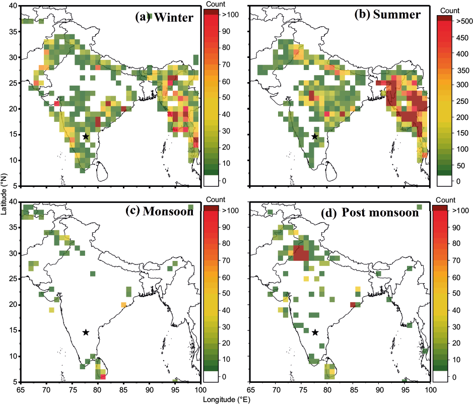 MODIS cloud-corrected fire counts in different seasons during the study period.