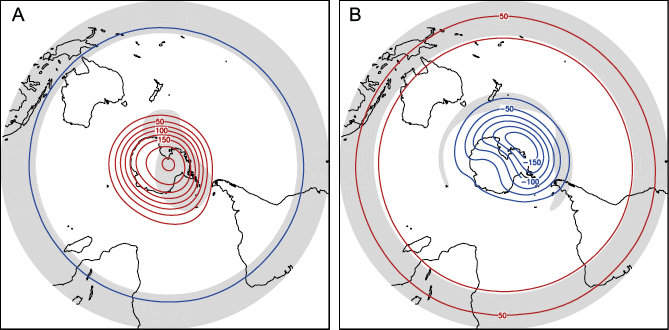Composite of geopotential height anomaly (m - filtered) for 30 hPa: (a) easterly QBO, and (b) westerly QBO. Contour interval of 25 m. Areas with 90% significance are shown in shaded (t-student test).