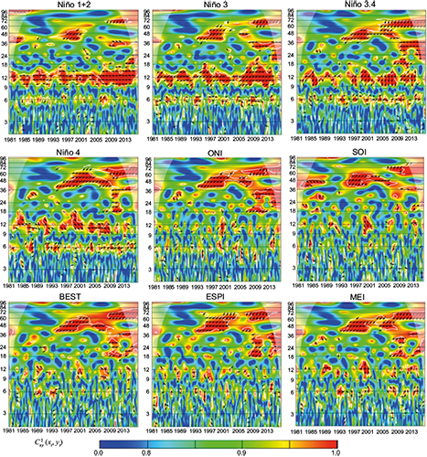 Wavelet coherence C2x,y (xt, yt) and phase difference Arg (Tx,y(τ,s)) between ENSO indices and precipitation of Mesopotamia station. The cone of influence is the area outside of the with a concave-down shape, and sectors of significant periodicities at 5% are enclosed by the thick white lines. Data from IDEAM. (Anti-phase: &larr;; In-phase: &rarr;).