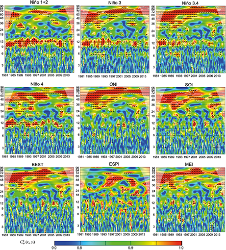 Wavelet coherence C2x,y (xt, yt), and phase difference Arg(Tx,y (τ, s)) between ENSO indices and precipitation of La esperanza station. The cone of influence is the area outside of the with a concave-down shape, and regions of significant periodicities at a 5% are enclosed by the thick white lines. Data from CHIRPS. Anti-phase: &larr; In-phase: &rarr;