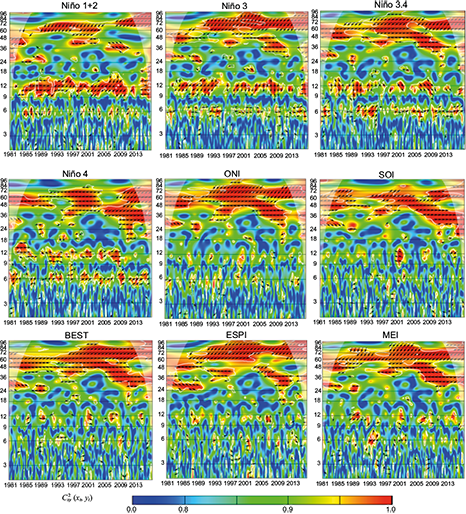 Wavelet coherence C2x,y (xt, yt), and phase difference Arg(Tx,y (τ, s)) between ENSO indices and precipitation of Matitas  station. The cone of influence is the area outside of the with a concave-down shape, and regions of significant periodicities at a 5% are enclosed by the thick white lines. Data from CHIRPS. Anti-phase:&larr; In-phase: &rarr;