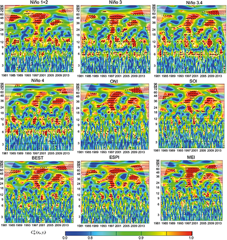 Wavelet coherence C2x,y (xt, yt), and phase difference Arg(Tx,y (τ, s)) between ENSO indices and precipitation of Iser Pamplona station. The cone of influence is the area outside of the with a concave-down shape, and regions of significant periodicities at a 5% are enclosed by the thick white lines. Data from CHIRPS. Anti-phase: &larr; In-phase: &rarr;