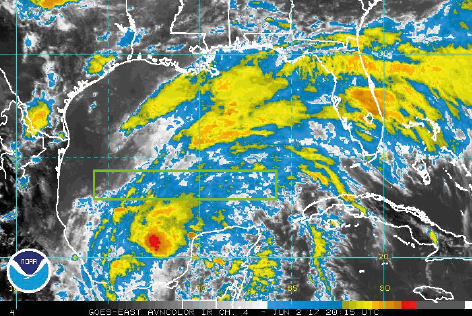 GOES-13 infrared (IR) satellite image for June 2, 2017, centered on the Gulf of Mexico. The green rectangle represents the domain of the research flight for that day. Credit: Adapted from NOAA/NHC.