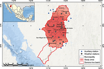 Location of the study area and of weather stations.