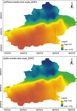 Spatial distribution of the second mode of the (a) three-month time scale and (b) the six-month time scale in Xinjiang.