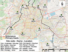 Monitoring sites location within the MCMA and description. Image created in ArcGIS ArcMap 10.2 using base map source: Esri, HERE, DeLorme, MapmyIndia.