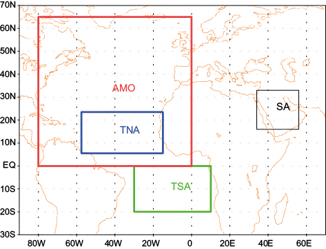 Locations of Saudi Arabia (SA) and sea surface temperature indices. TNA: tropical northern Atlantic; TSA: tropical southern Atlantic; AMO: Atlantic Multi-decadal Oscillation.