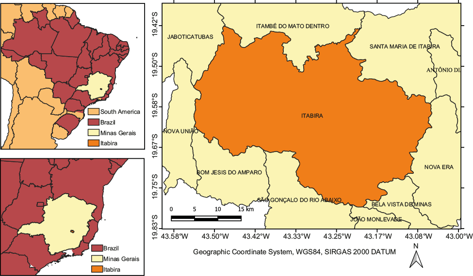 Location of Itabira, Minas Gerais, Brazil. Data sources (right panel): Tapiqu�n (2015), IBGE (2018).