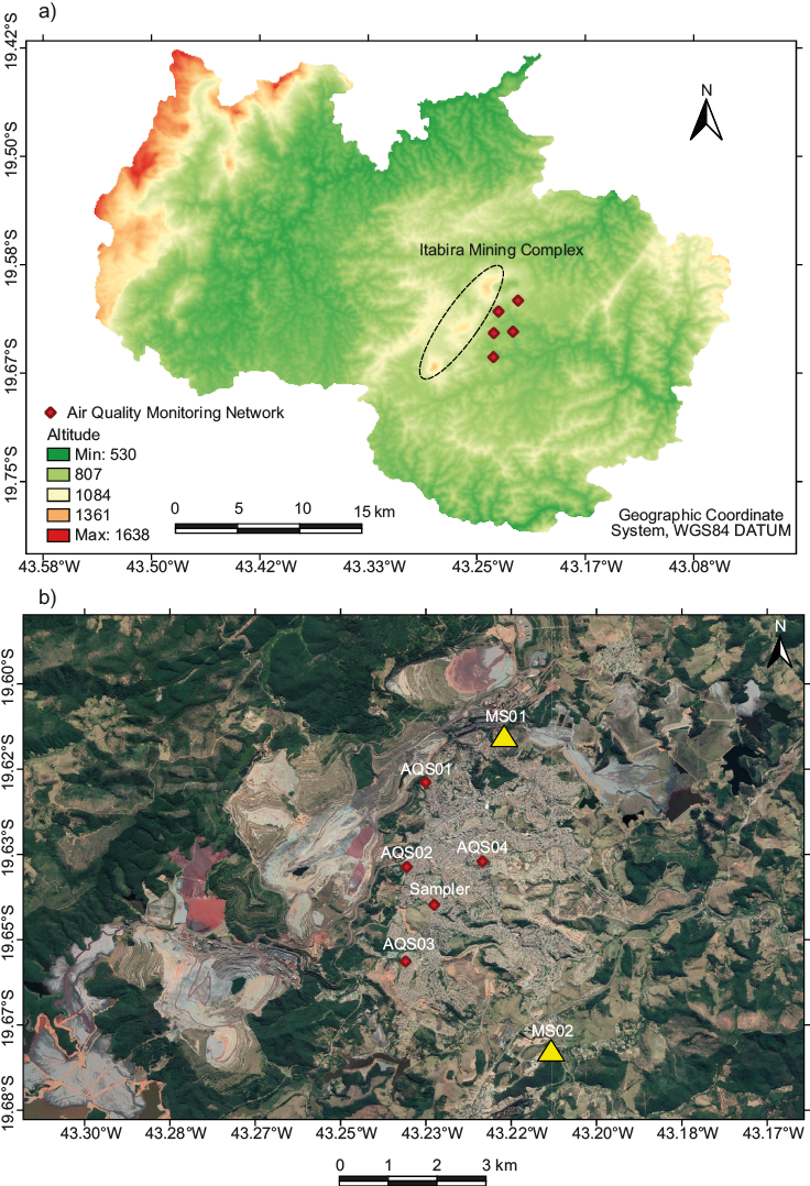 (a) Topography (altitude in meters) of Itabira municipality and locations of mining complex and air quality monitoring network in the city (AQ01-AQS04 and MS01). (b) Detailed location of the sampler, the four AQS (AQS01-AQS04) and the two meteorological stations (MS01 and MS02) in urban area. Data sources: (a) Miranda (2005); (b) Google Earth.