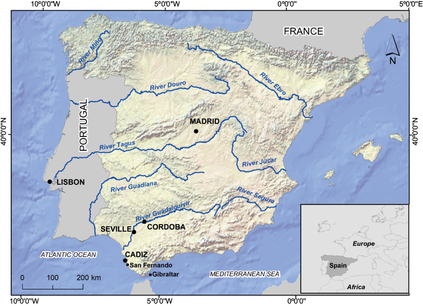 Location of Seville and the Guadalquivir River on the Iberian Peninsula.