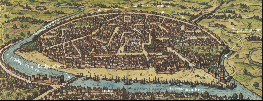 View of Seville with the Guadalquivir River in the 17th century. This map shows the floating bridge or bridge of boats at the lower left side and the Torre del Oro at the right end of the harbor. Source: detail of the enlarged facsimile version of Braun and Hogenberg, Civitates Orbis Terrarum (1588). It can be found online at the National Geographic Institute of Spain: https://www.ign.es/web/catalogo-cartoteca/resources/html/023677.html (accessed on April 16, 2020).