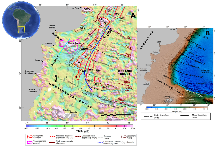 Total-magnetic-field anomaly (TMA) map from the global grid (Meyer et al., 2016) (A) and bathymetric global grid map (Amante and Eakins, 2009) (B). In Figure A, the location of profiles through Tona anomaly is marked in cyan lines. TMA map shows the most relevant magnetic anomalies, M0- M4, related to the COB (dashed blue line) and the larger magnetic anomaly, G anomaly (red shut up curve). In Figure B, the main transform zones are depicted. Abbreviations: COB: continental-oceanic boundary; G: G magnetic anomaly; M0-M4: Mesozoic series alignments; Tona Anom.: Tona magnetic anomaly; OBA: oceanic bottom magnetic alignments; Salado TZ: Salado transform zone; Colorado TZ: Colorado transform zone; Rawson TZ: Rawson transform zone; Malvinas TZ: Malvinas transform zone.