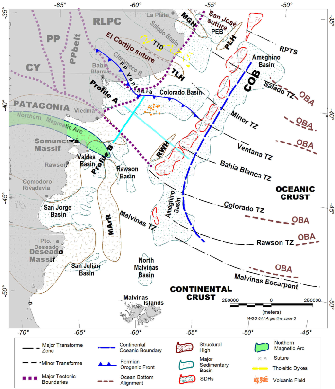 Distribution of the main tectonic structures on the Argentine continental shelf beyond the continental oceanic boundary (COB). The locations of major tectonic boundaries (Pángaro and Ramos, 2012), the Ventania- Cape Fold Belt (Pángaro and Ramos, 2012; Paton et al., 2016), the northern magmatic arc (Ramos, 2008), the COB and oceanic bottom alignments (Arecco et al., 2016a), structural highs and basins (see text for references) are indicated. The main transform zones from Franke et al. (2007) and SDR wedges according to Hinz et al. (1999) are shown. The Rawson TZ is presented in this work. Abbreviations: CY: Cuyania terrain; PP: Pampia terrain; PPbelt: Pampia belt; RLPC: Río de La Plata craton; Ventania FB: Ventania Fold Belt; PEB: Punta del Este basin; MGH: Martín García basement high; PLH: del Plata basement high; TLH: Tandil basement high; RWH: Rawson basement high; MArR: Mar Argentino Ridge; OBA: ocean bottom alignment.