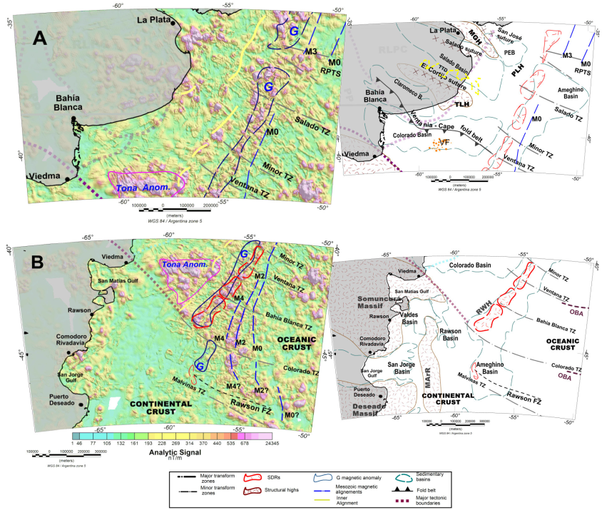 Analytic signal maps of the northern zone (A) and the southern zone (B). The respective geologic maps are located to the right of the AS maps. The Rawson transfer zone is enhanced and presented in the analytic signal map. Magnetic alignments were identified using enhancement techniques. For references of geological structures, see the title Geological setting. Abbreviations: RPTS: Río de la Plata Transform System; VF: volcanic field; PLH: del Plata high; MArR: Mar Argentino Ridge; TTD: tholeiitic dykes; OBA: ocean bottom alignments. For others references see Figures 1 and 2.