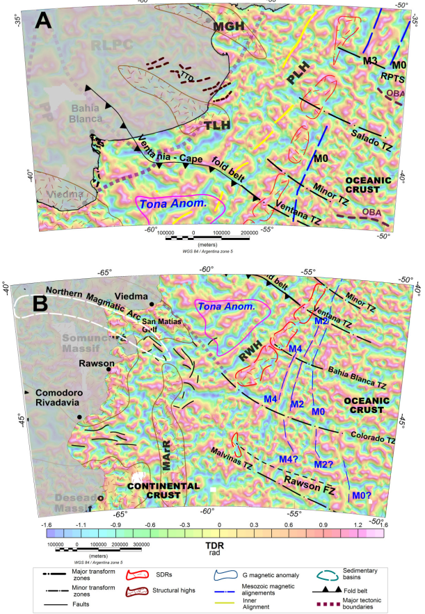 Tilt angle (TDR) maps of the northern zone (A) and the southern zone (B). In the northern zone, various boundaries are enhanced by TDR because the null values indicated edges, as the southern edge of the Colorado basin, the Tandil High, the THD and inner alignments. In the southern zone, the tilt angle enhances the Minor Transform transform zones and some faults in the Valdés, Rawson and San Jorge basins. Abbreviation: TTD: tholeiitic dykes. For others references see Figures 1 and 2.