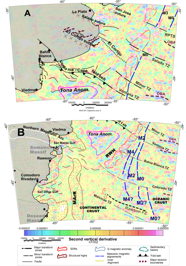Second vertical derivative (SVD) map of the northern zone (A) and the southern zone (B). In the northern zone, a pattern of high frequency is seen in the continental crust, such as in the basement high of the Martin García and Tandil basins, and in the areas of the G and Tona anomalies and the TTD. SVD exhibits a rough and broken pattern in areas of the oceanic crust such as the Mesozoic alignments and the OBA. Abbreviation: TTD: tholeiitic dykes. For others references see Figures 1 and 2.