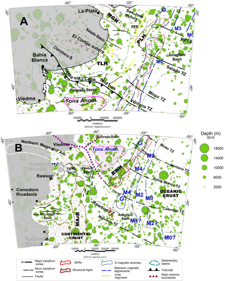3-D Euler deconvolution fault maps of the northern zone (A) and the southern zone (B). Depths of the faults are represented by green circles. The circle’s size is related to the depth of the source. Abbreviation: SI: structural index. For others references see Figures 1 and 2.