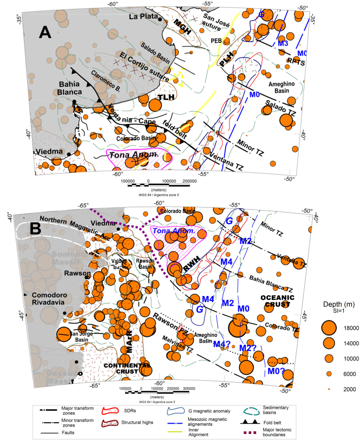 3-D Euler deconvolution dyke maps of the northern zone (A) and the southern zone (B). Depths of the dykes are represented by orange circles. The circle size is related to the depth of the source. Abbreviation: SI: structural index. For others references see Figures 1 and 2.