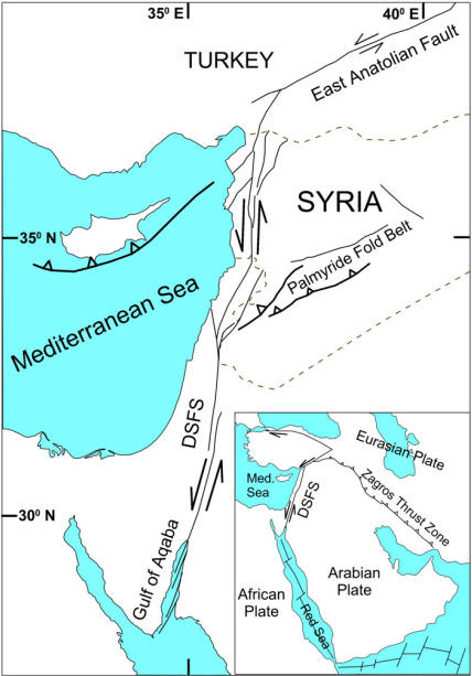 Regional tectonic map showing the location of Syria relative to the Arabian, African and Eurasian plates.
