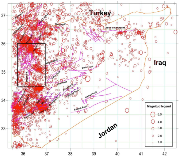 Instrumental seismic activity in Syria during the period (1995-2012). The rectangle indicates the location of the present study area.