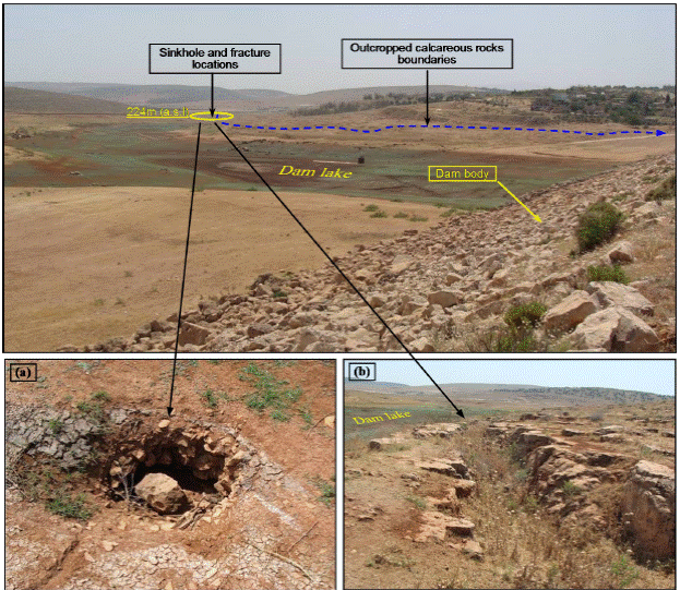 Locations of some leakage features observed at the right bank of Abu Baara dam lake, (a): one of the sinkholes which is located nearby the limestone and dolomite rocks boundary (more than 50cm of diameter), (b): a large fracture of 2-3 depth extends for more than 200m in parallel with the dam lake margin.