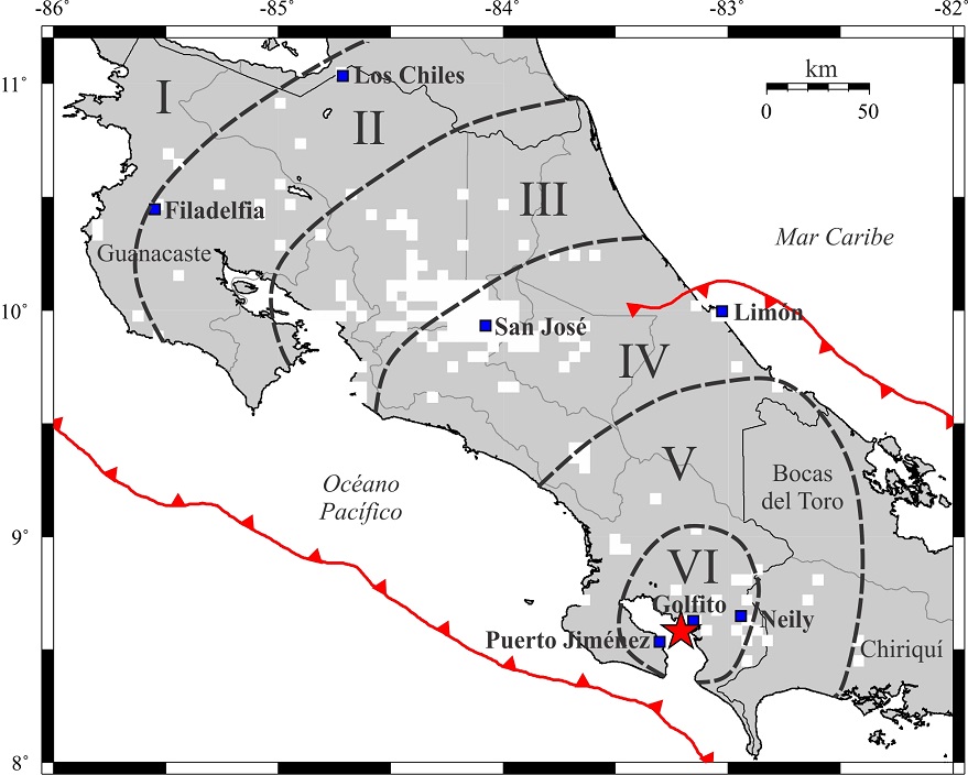 Mapa de isosistas para el sismo principal de la secuencia de Golfito, del 17 de agosto del 2018 (Mw 6.1). Los cuadros blancos representan localidades en las cuales se estimó la intensidad y los cuadros azules, las mencionadas en el texto.