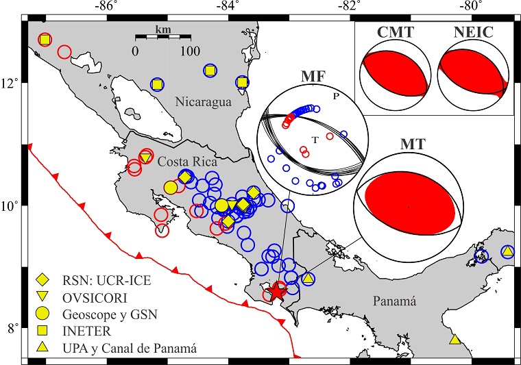 Solución del mecanismo de la fuente para el terremoto de Golfito del 2018. El tensor de momento (TM) fue determinado con base en 20 estaciones (símbolos amarillos) ubicadas en Costa Rica, Panamá y Nicaragua. El mecanismo focal (MF) fue calculado a partir del primer arribo en 82 estaciones sismológicas. Los círculos rojos denotan estaciones en donde el primero arribo de la onda P fue compresivo y los círculos azules las estaciones en las que fue de dilatación. Las letras P y T en el mecanismo focal representan los ejes de compresión y tensión, respectivamente. Se presentan en la esquina superior derecha, la solución del tensor de momento de acuerdo con el catálogo del CMT y el NEIC-USGS.
