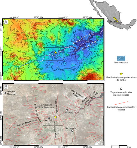 Mapas de ubicación de la zona geotérmica de Pathé, en la región limítrofe entre los estados de Hidalgo (municipio: Tecozautla) y Querétaro (municipios: Ezequiel Montes y Tequisquiapan). (A) Hipsometría (en m sobre el nivel del mar); (B) principales fallas y ubicación de topónimos citados en este trabajo. El recuadro corresponde al mapa geológico detallado de la zona geotérmica de Pathé, mostrado en la figura 5. La nomenclatura de las estructuras geológicas está basada en Carrillo Martínez (1998 y 2000), SGM (2007) e Hiriart Le Bert (2011). FVTM, Faja Volcánica Transmexicana.