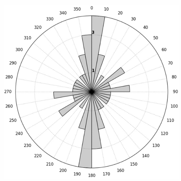 Diagrama de rosa de los vientos (n = 24 mediciones) que muestra las orientaciones predominantes de vetillas de calcita de la zona geotérmica de Pathé.