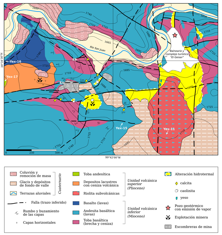 Mapa geológico detallado de la zona geotérmica de Pathé (fuente: elaboración propia, a partir de levantamientos de campo apoyados por imágenes satelitales), que incluye la distribución de las alteraciones hidrotermales y sus minerales más característicos, así como la ubicación de las manifestaciones termales (actual «Balneario El Géiser») y de los depósitos de caolín (antiguas minas de Yexthó).