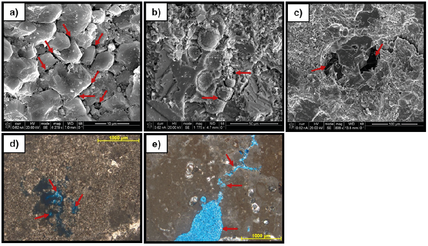 Carbonate rocks pores' shape analysis from SEM images with different porosities, a) intercrystalline, b) partially cemented moldic, c) moldic, and from Photomicrograph images with d) a connected vug and e) a vug with intense dissolution (arrows indicate pore shapes).