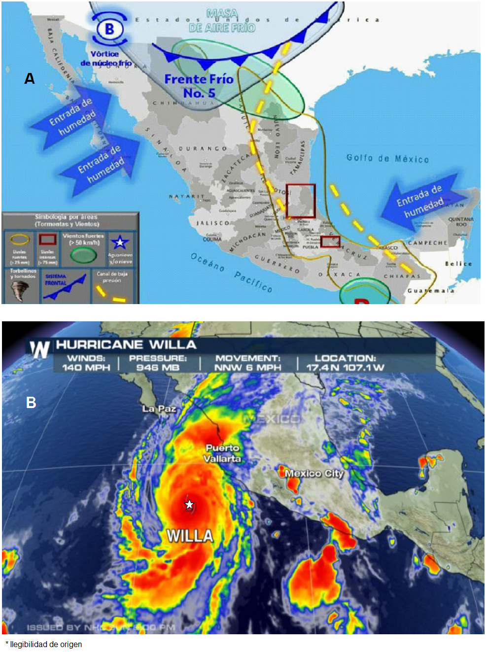 Examples of atmospheric disturbances occurring above the northwest Pacific coast of M&eacute;xico. A, Scheme of the generation of the Cold front No 5 (3-4 November 2016) prepared by CONAGUA. There are shown the relative movement of the cold Polar air mass (Masa de aire frio) and of the Pacific maritime tropical masses (Entrada de humidad). Surface trough of low pressure (Canal de baja presi&oacute;n) is shown with a dashed line. The image was taken from http://agendasanluis.com, 3 November 2016. B, Satellite image of hurricane Willa of category 5 that was acting from 20 to 24 October 2018. Shown is the hurricane at peak intensity on 22 October. In the center is seen the eye of hurricane (shown with a star). The image was taken from http://stlucianewsonline.com, October 22, 2018.