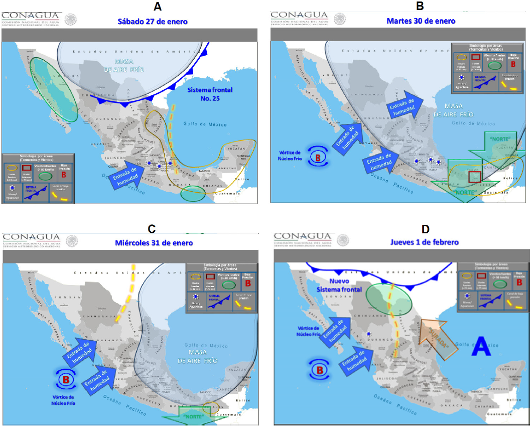 The development of the cold front (sistema frontal) No 25 presented on the satellite images according to CONAGUA (Comisi&oacute;n Nacional del &Aacute;gua de M&eacute;xico). A, Entrance of the system of cold front No. 25 on the territory of M&eacute;xico on 27 January 2018. B and C, tracks of the cold front during 30 and 31 of January above M&eacute;xico. D, Withdrawal of the cold front to the Gulf of M&eacute;xico on 1 February. In the map images are used the Spanish terms: masa de aire frio (cold air mass), entrada de humidad (humility entrance), v&oacute;rtice de nucleo frio (cold core vortex) and nuevo sistema frontal (new frontal system). The images represent the courtesy of CONAGUA.