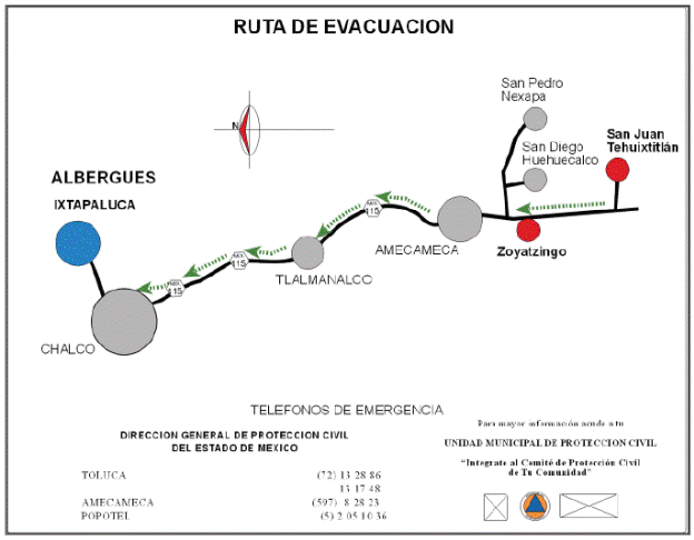 Evacuation routes for San Juan Tehuixtitl&aacute;n and Zoyatzingo with
								high risk (red circles) in M&eacute;xico State, which have a designated
								shelter (blue circle) at circle) at Ixtapaluca, State of
								M&eacute;xico.