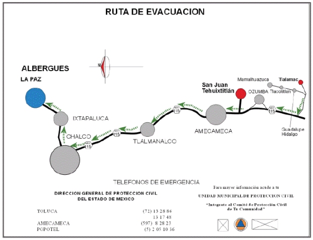 Evacuation routes for Tlal&aacute;mac and San Juan Tehuixtitl&aacute;n with
								high risk (red circles) in M&eacute;xico State, which have a designated
								shelter (blue circle) at La Paz, State of M&eacute;xico.