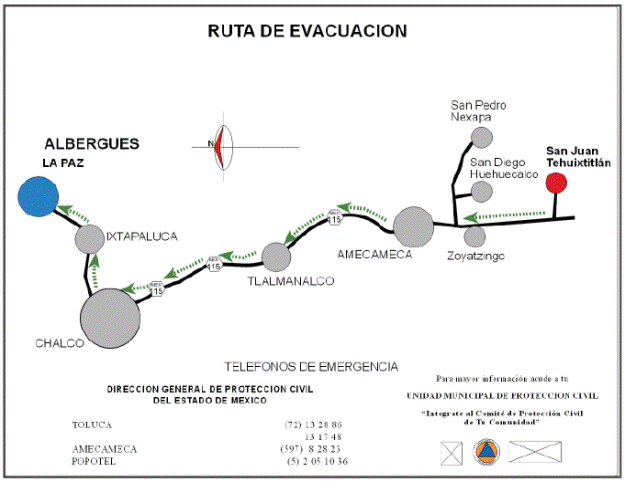 Evacuation route for San Juan Tehuixtitl&aacute;n with high risk (red
								circle) in M&eacute;xico State, which has a designated shelter (blue
								circle) at La Paz, State of M&eacute;xico.