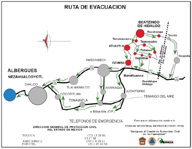 Evacuation routes for Ozumba, Atlautla, Tecomaxusco, Ecatzingo,
								Tlacotompa, Tepecoculco, Guadalupe Hidalgo, Tlal&aacute;mac, Mamalhuazuca
								and Tlacotitl&aacute;n with high risk (red circles) in M&eacute;xico State, which
								have a designated shelter (blue circle) at Ciudad Nezahualc&oacute;yotl,
								State of M&eacute;xico.