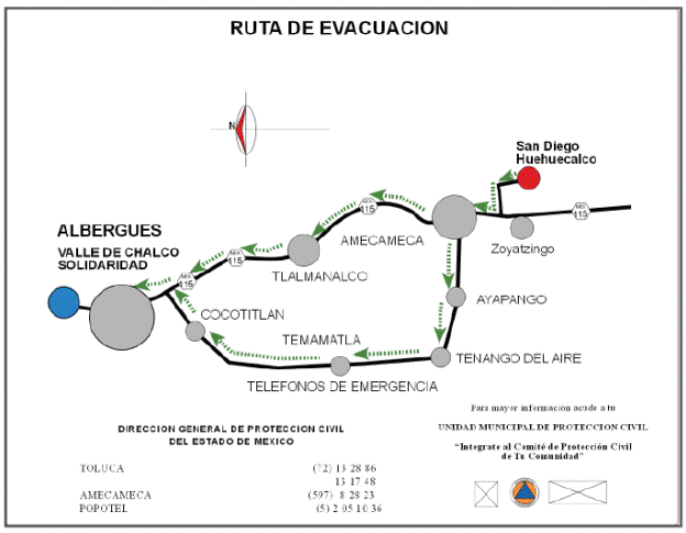 Evacuation route for San Diego Huehuecalco with high risk (red
								circle) in M&eacute;xico State, which has a designated shelter (blue
								circle) at Valle de Chalco, State of M&eacute;xico.